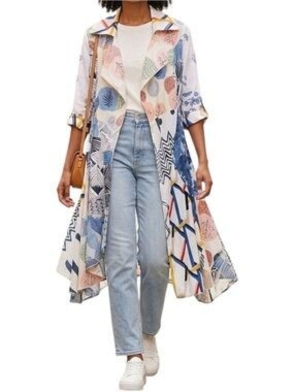 Abstract Print Long Tunic Jacket - White Multi